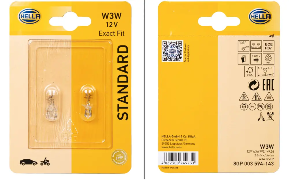 Set da 2 lampadine a incandescenza Hella W2,1x9,5d W3W Standard per indicatori di direzione / luci di posizione / luce della targa / luci posteriori / per interni / per vano portaoggetti 12 V / 3 W Saldi