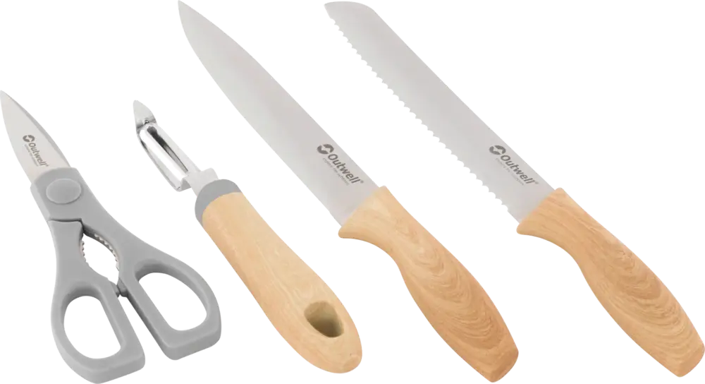 Set di coltelli Outwell Chena 4 pezzi con coltello multiuso, coltello da pane, forbici e pelapatate Spedizione Espresso