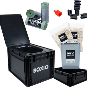 Must-Have Set completo per toilette a separazione Boxio Toilet Max Plus composto da toilette / Solo-Up / Tappo di chiusura / 2 Lettiere in canapa / 3 sacchetti / Shake / 6 Clip