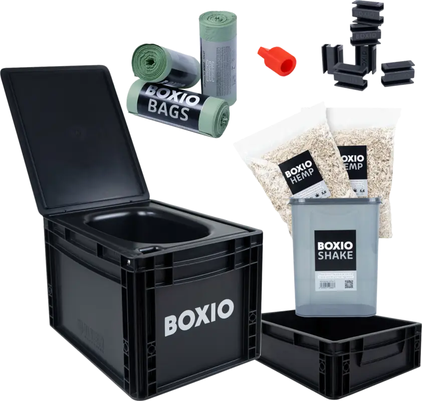 Must-Have Set completo per toilette a separazione Boxio Toilet Max Plus composto da toilette / Solo-Up / Tappo di chiusura / 2 Lettiere in canapa / 3 sacchetti / Shake / 6 Clip